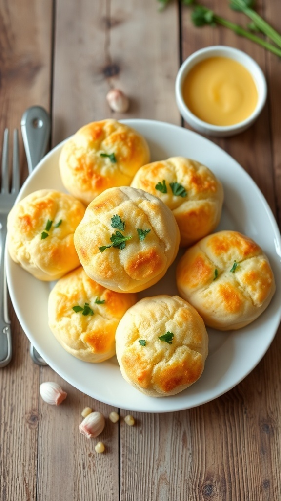 Garlic Butter Biscuit Recipe Golden garlic butter biscuits topped with parsley on a rustic wooden table with garlic butter sauce.